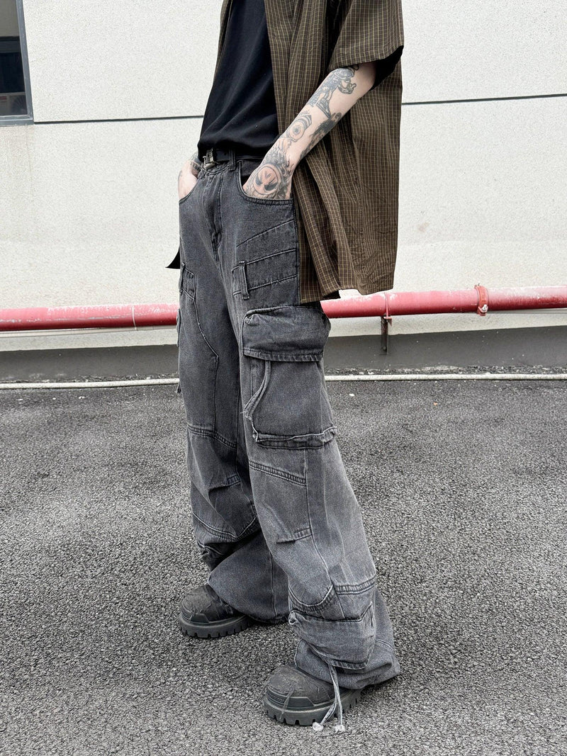 Multiple Detail Faded Jeans