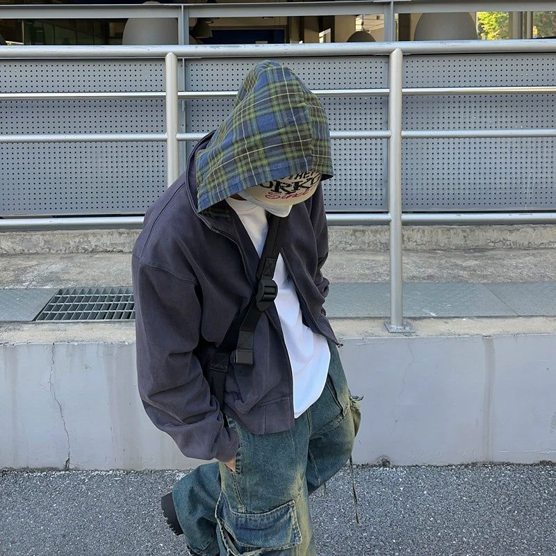 Spliced Plaid Zipped Hoodie