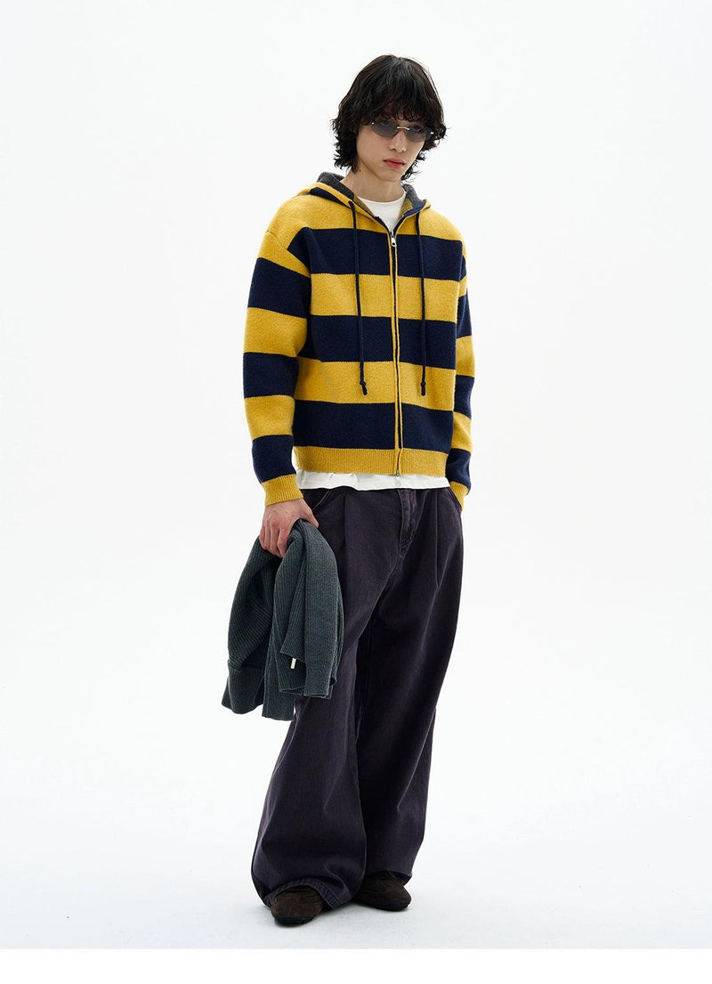 Wide Striped Zip-Up Knit Hoodie