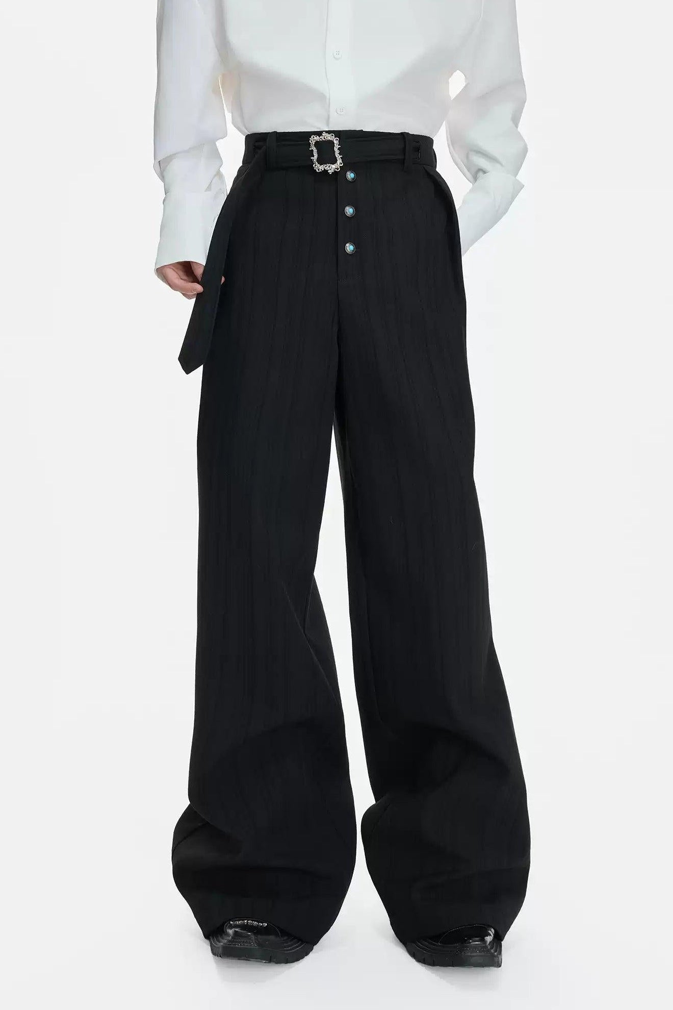 Decorated Buckle Belt Striped Trousers