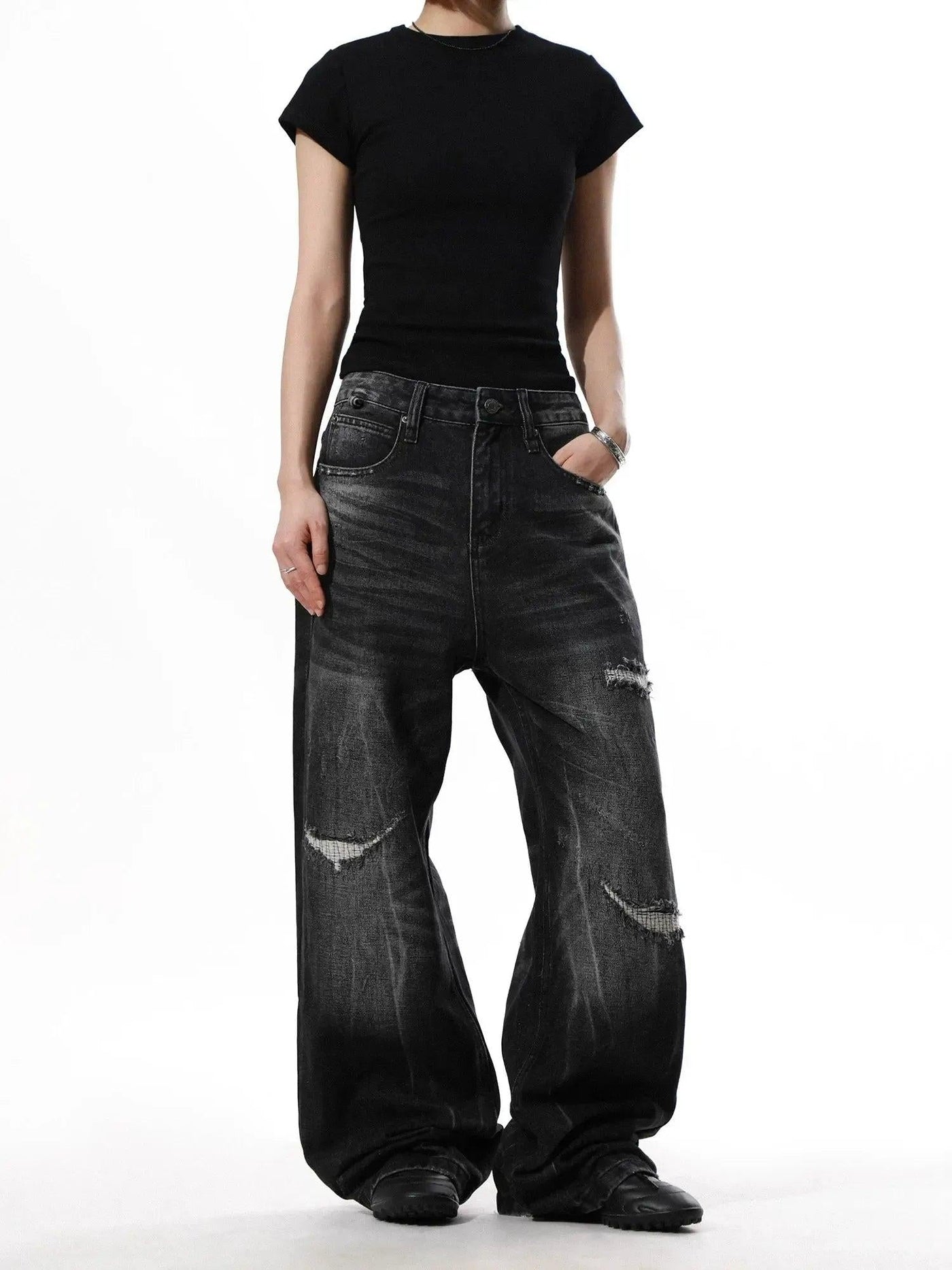 Distressed Patchwork Wide Jeans