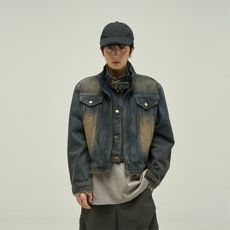 Frayed Hem Strap Faded Moto Denim Jacket
