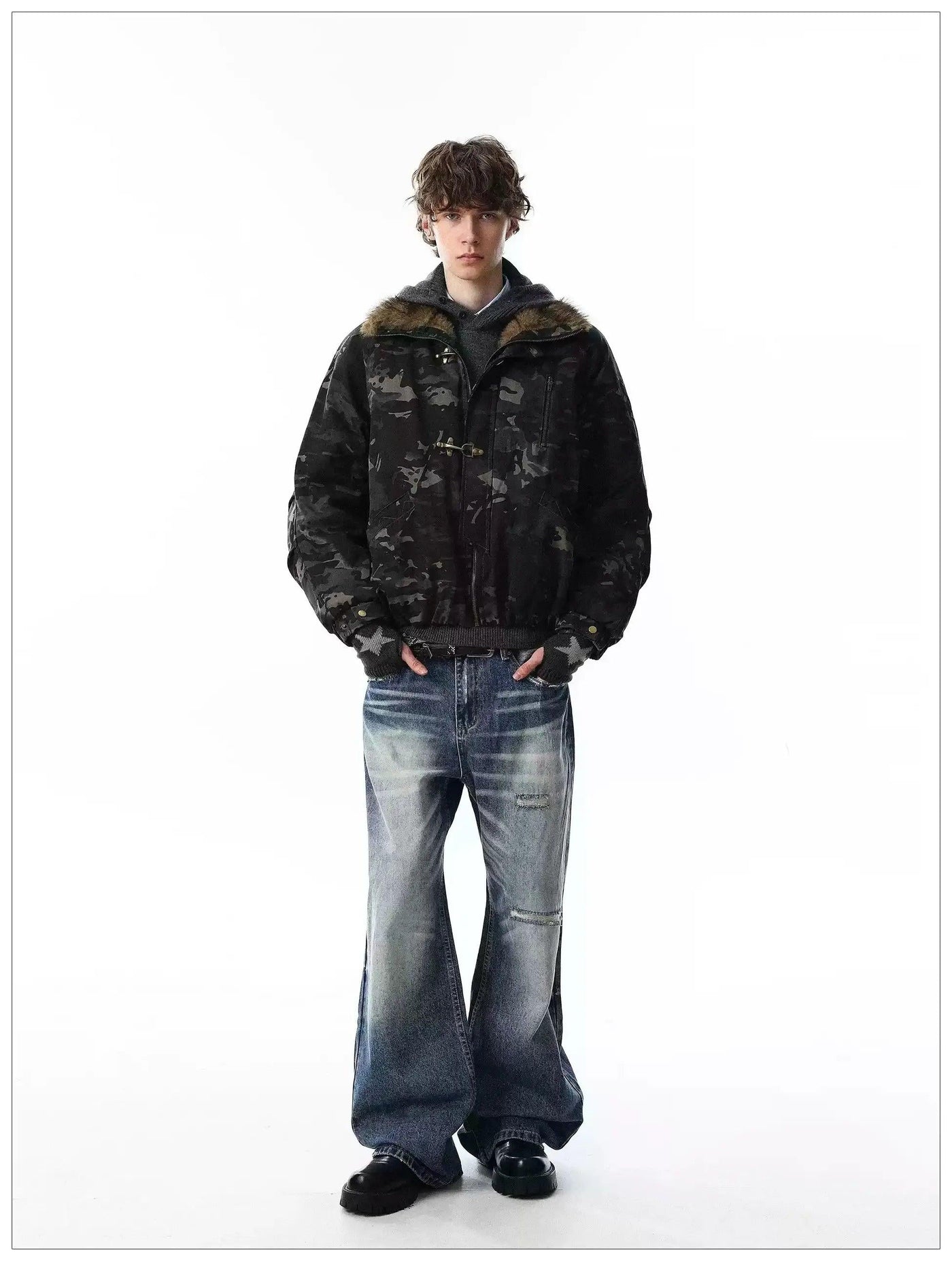 Faux Fur Lined Fireman Clasp Camouflage Jacket