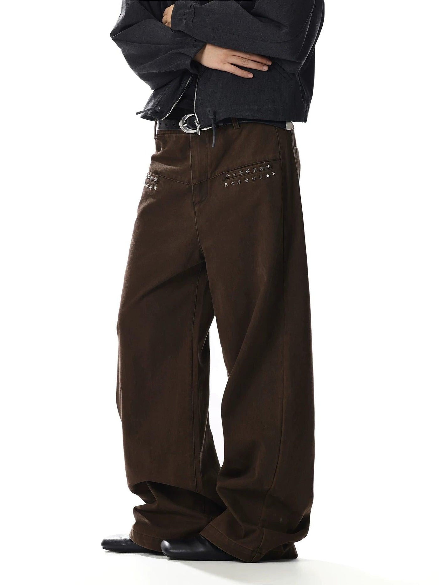 Washed Rivet Detail Wide Leg Jeans