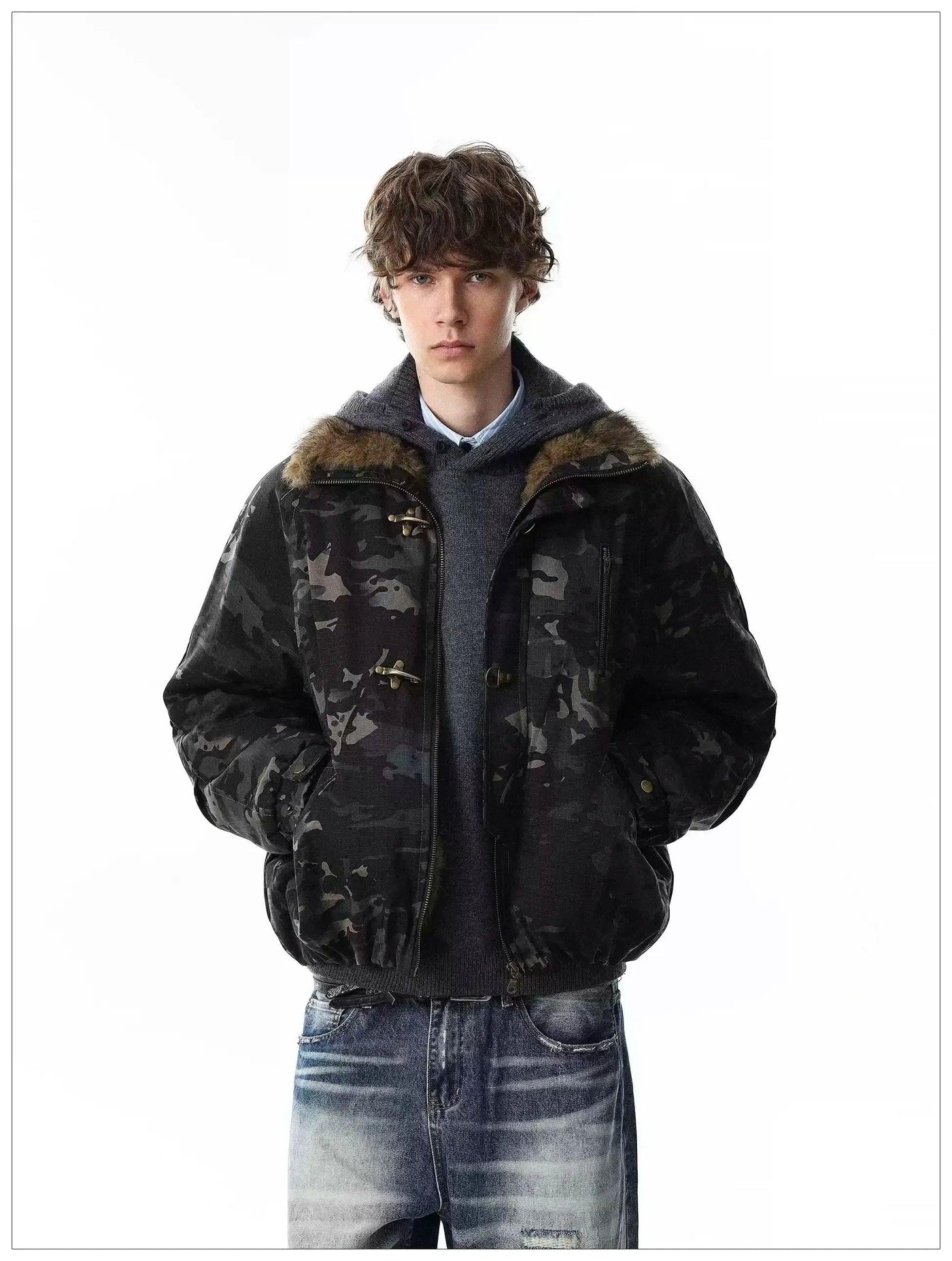 Faux Fur Lined Fireman Clasp Camouflage Jacket