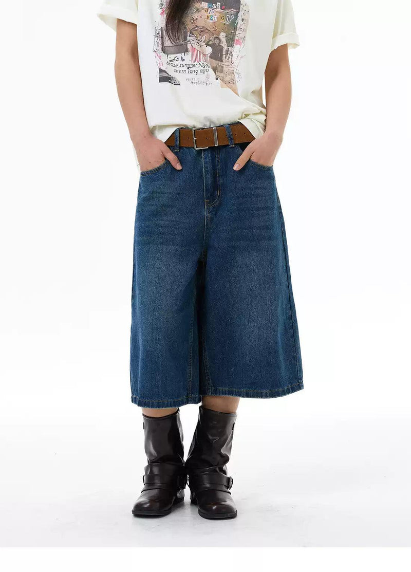 Wide Leg Mid-Length Denim Shorts