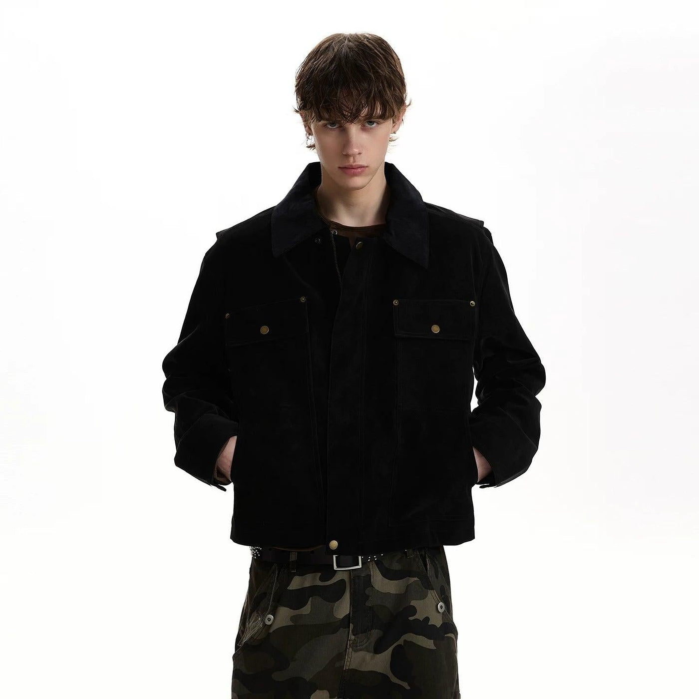 Flap Pockets Boxy Micro Suede Jacket