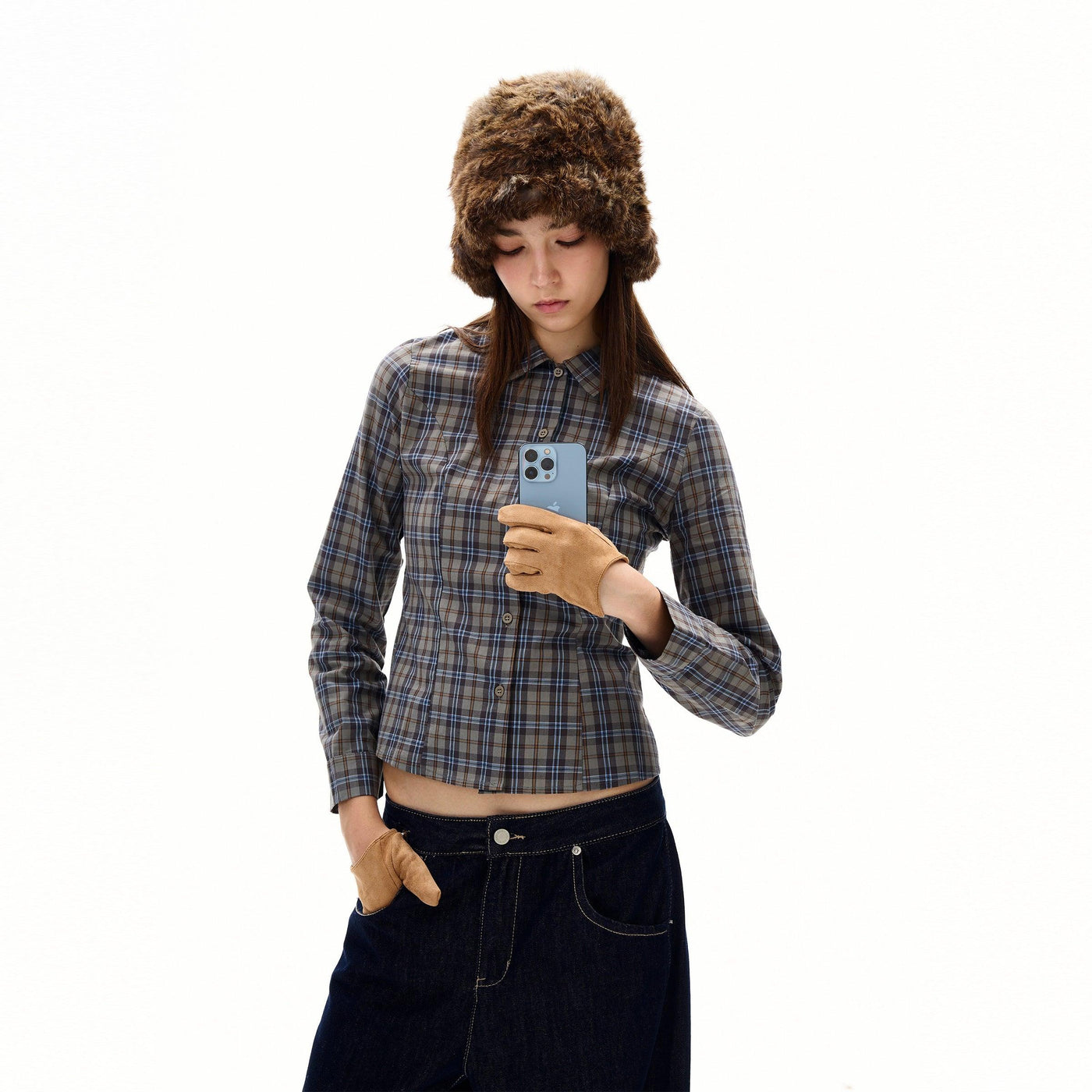 Plaid Pattern Buttoned Short Blouse
