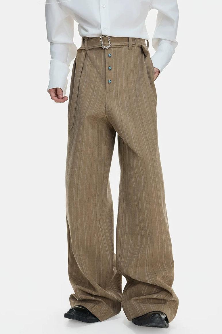 Decorated Buckle Belt Striped Trousers