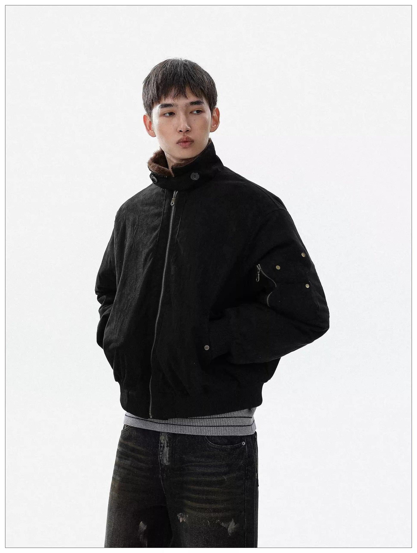 Fur-Trimmed Ribbed Hem Bomber Jacket