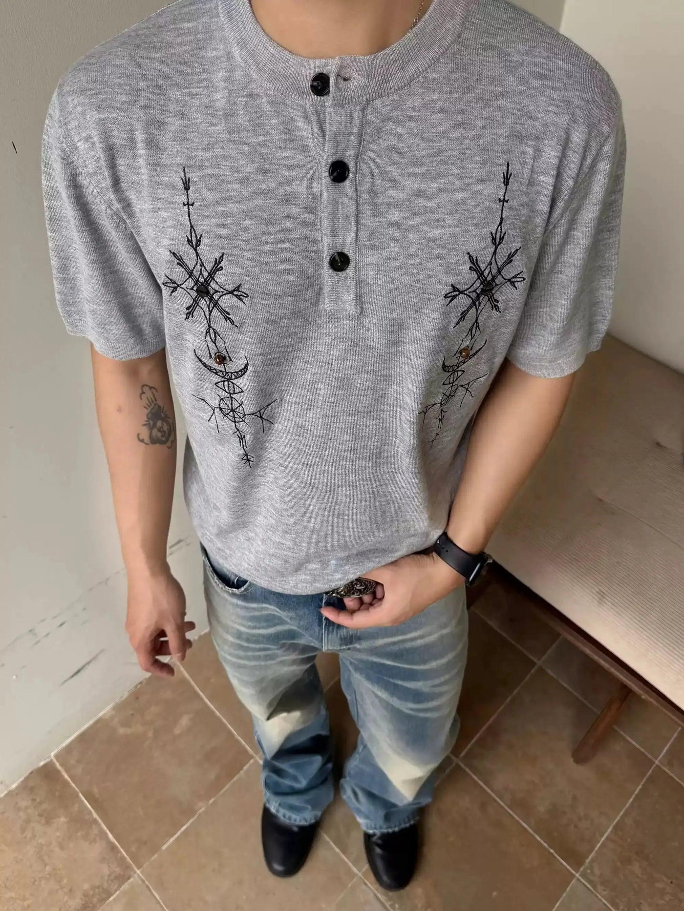 Embroidered Knitted Henley T-Shirt