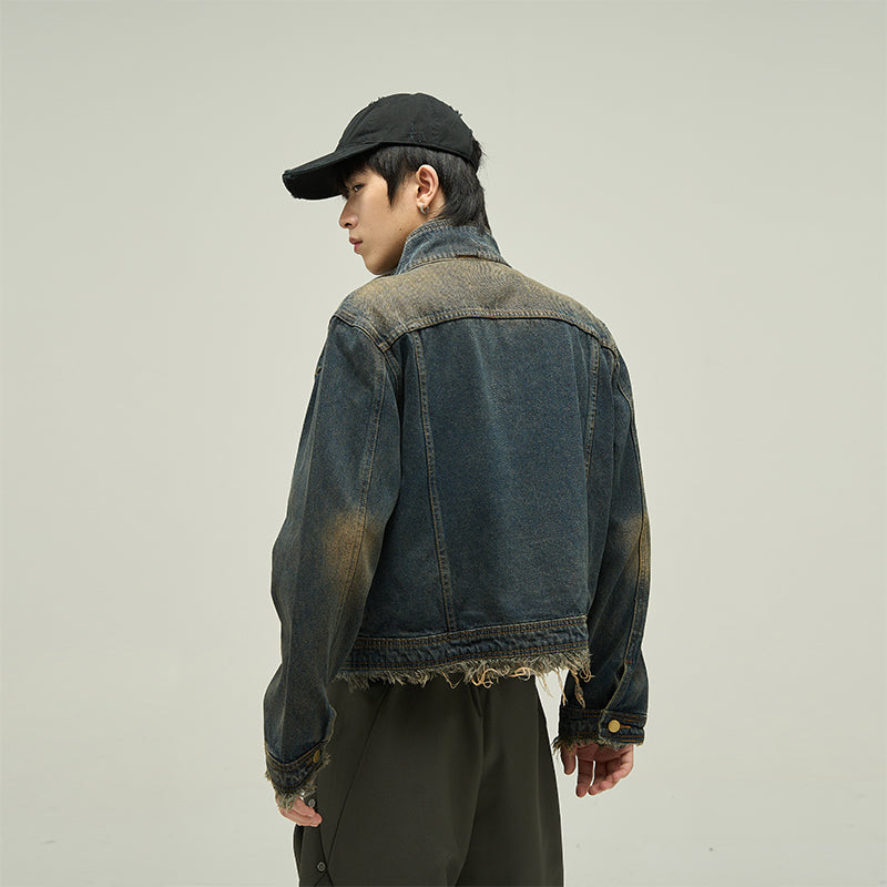 Frayed Hem Strap Faded Moto Denim Jacket