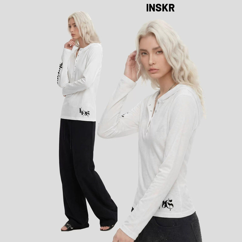 Graphic Print Slim Fit Half-Buttoned Hoodie