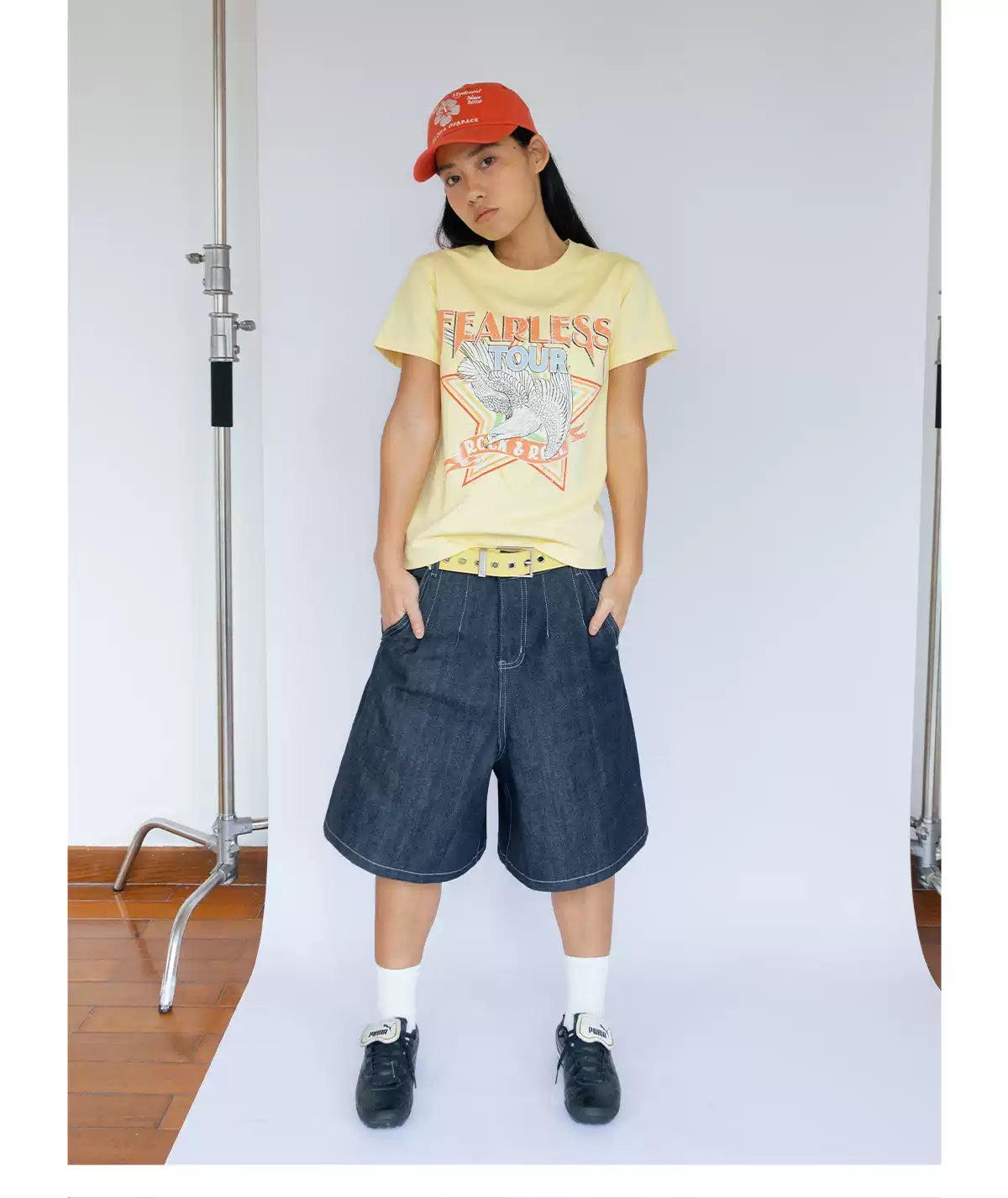 Extra Wide Pleated Denim Shorts