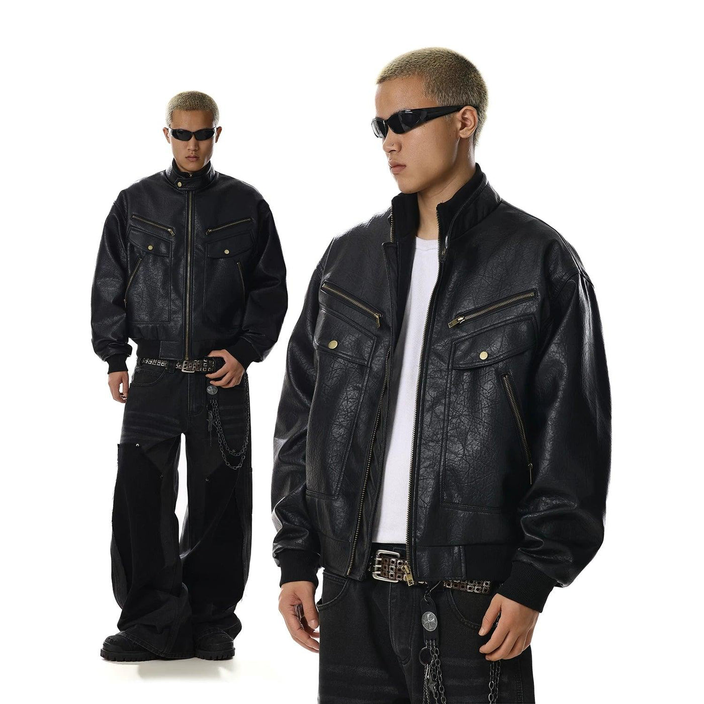 Multi-Pocket Textured PU Leather Jacket