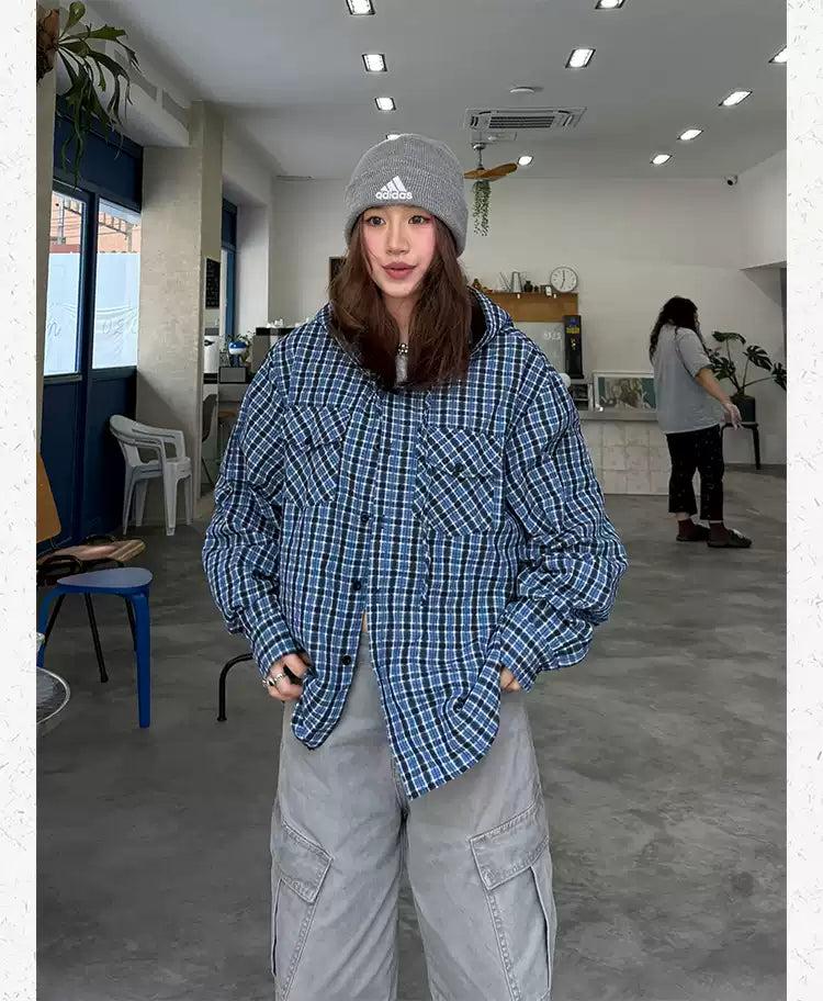 Plaid Pocket Buttoned Hoodie