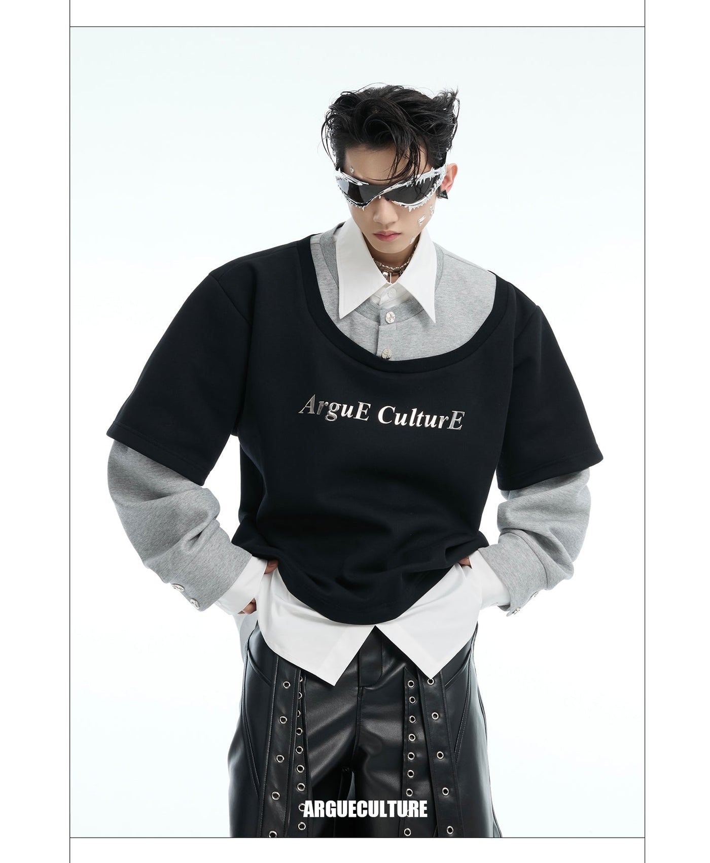 Three-Piece Contrast Collared Long Sleeve T-Shirt
