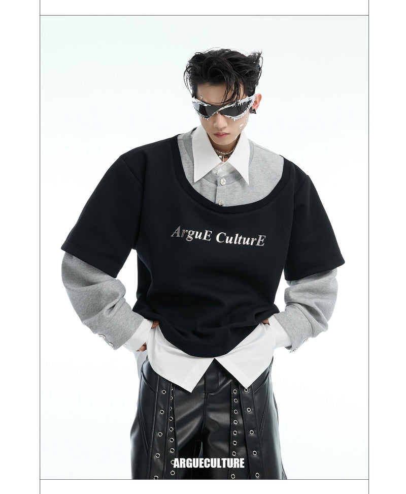 Three-Piece Contrast Collared Long Sleeve T-Shirt