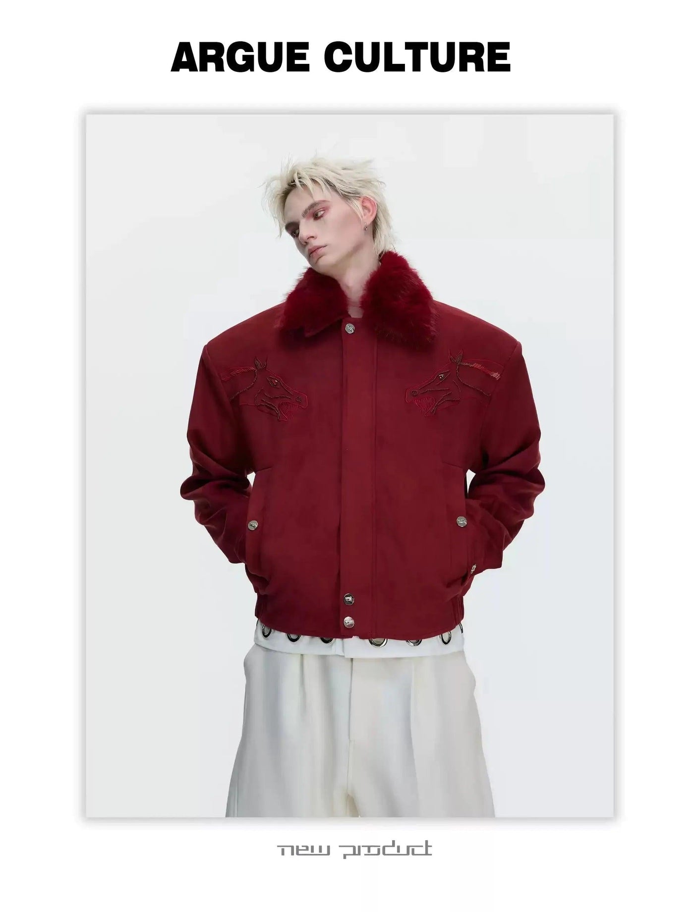 Faux Fur Collar Horse Graphic Jacket