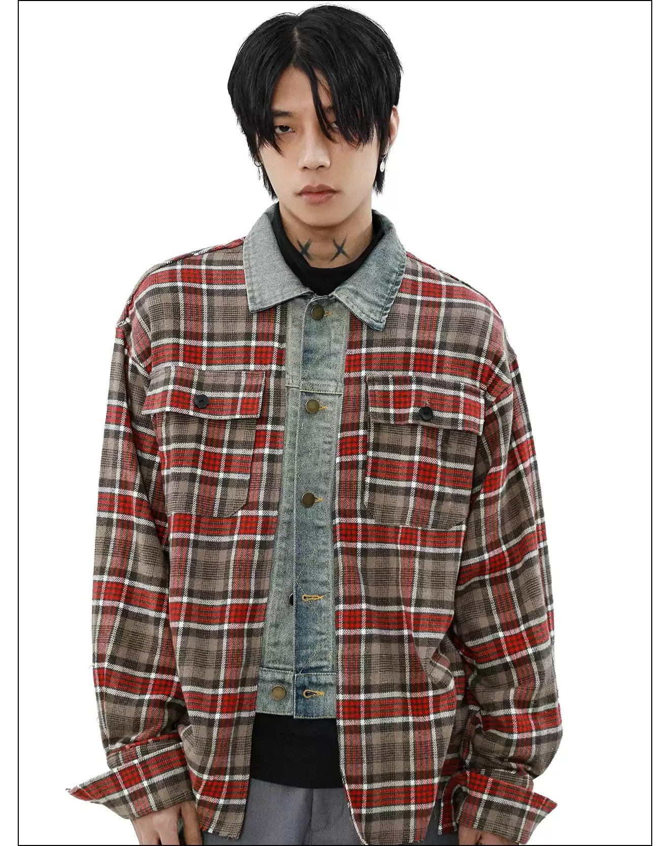 Spliced Denim Plaid Shirt