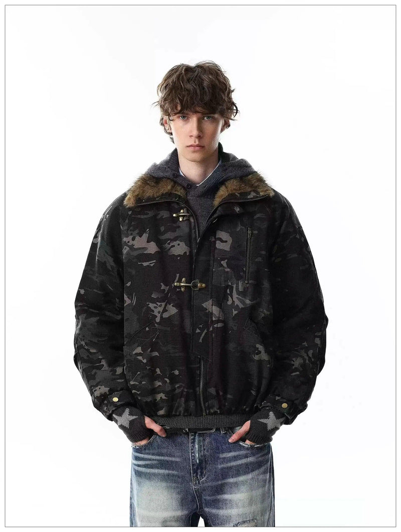 Faux Fur Lined Fireman Clasp Camouflage Jacket