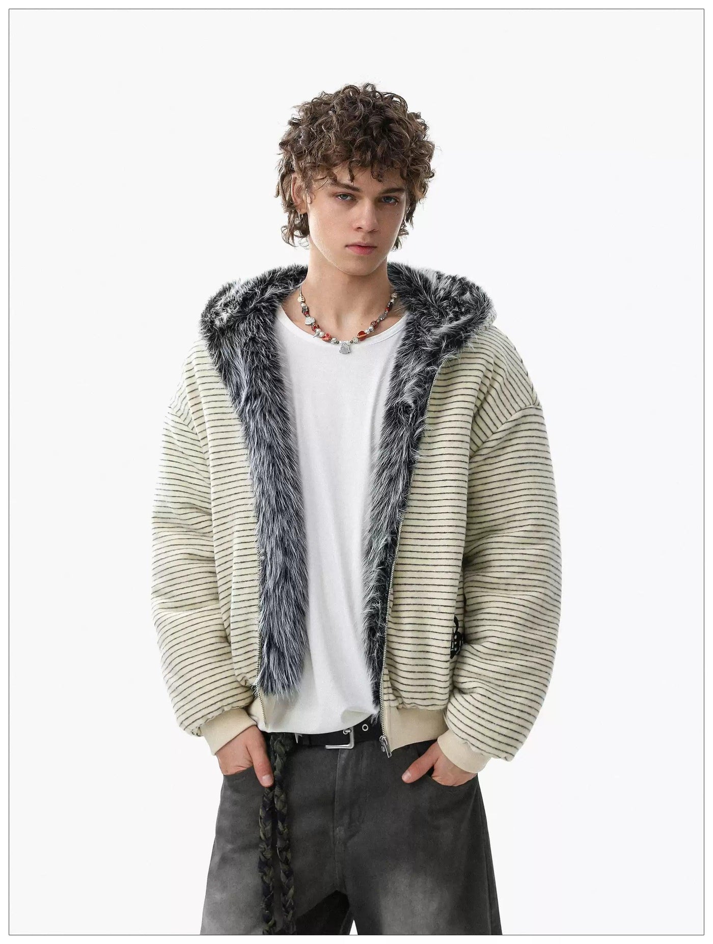 Teddy Bear Fur-Trimmed Stripes Jacket