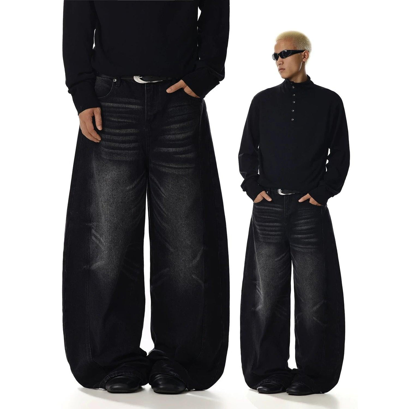 Faded Curved Seam Wide Leg Jeans