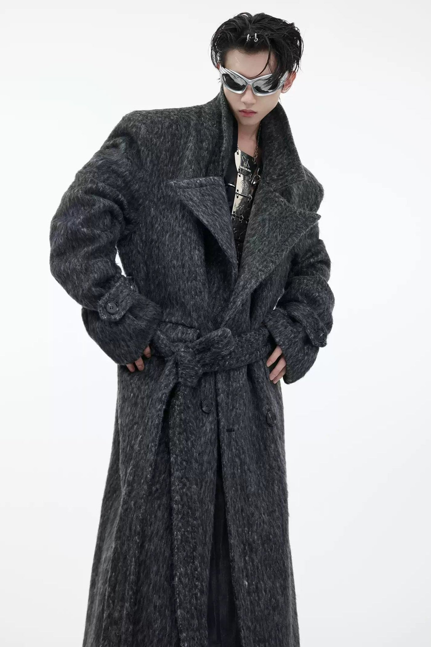 Wide Shoulder Belted Long Coat