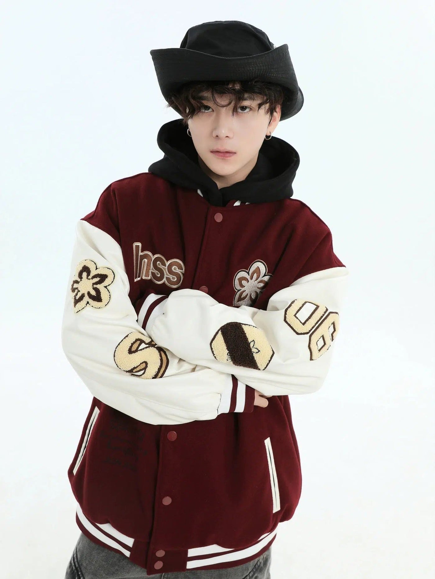Fuzzy Flower & Logo Embroidery Varsity Jacket