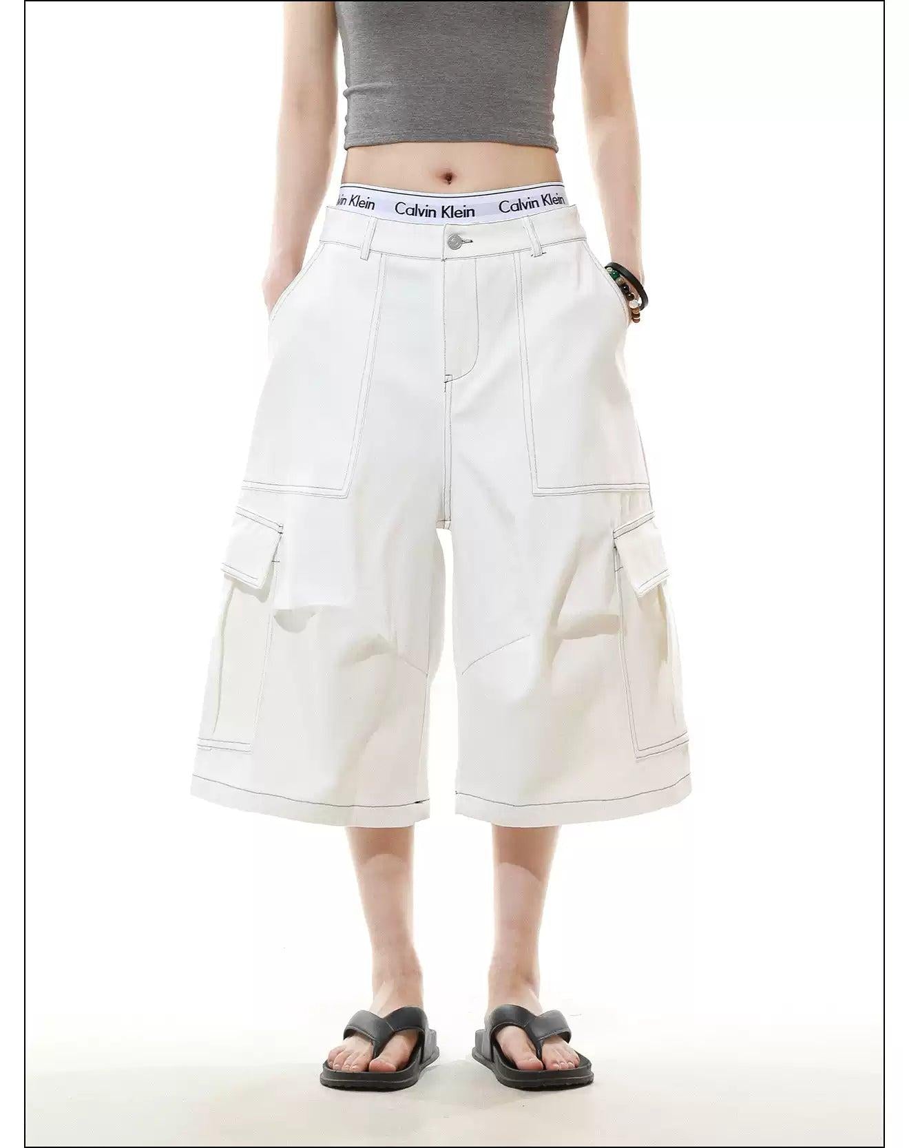 Contrast Stitched Denim Shorts