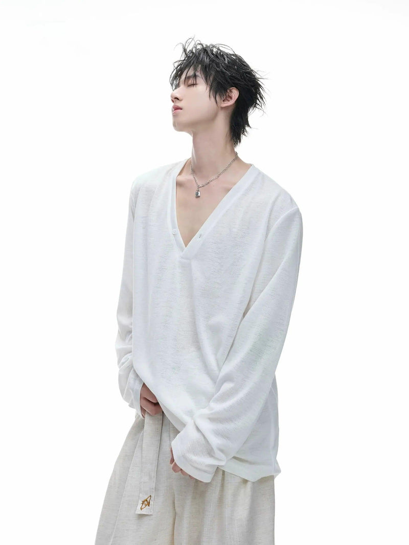 Deep V-Neck Long Sleeve T-Shirt
