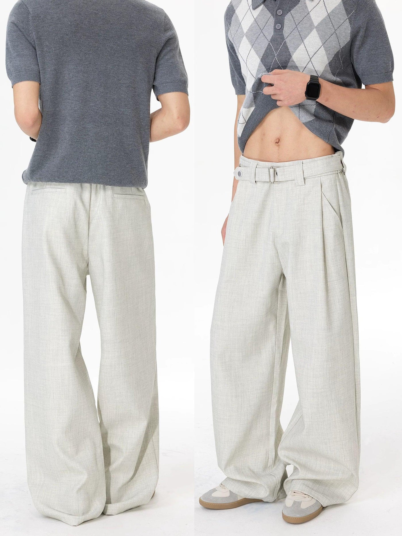Pleated Belted Straight Leg Trousers