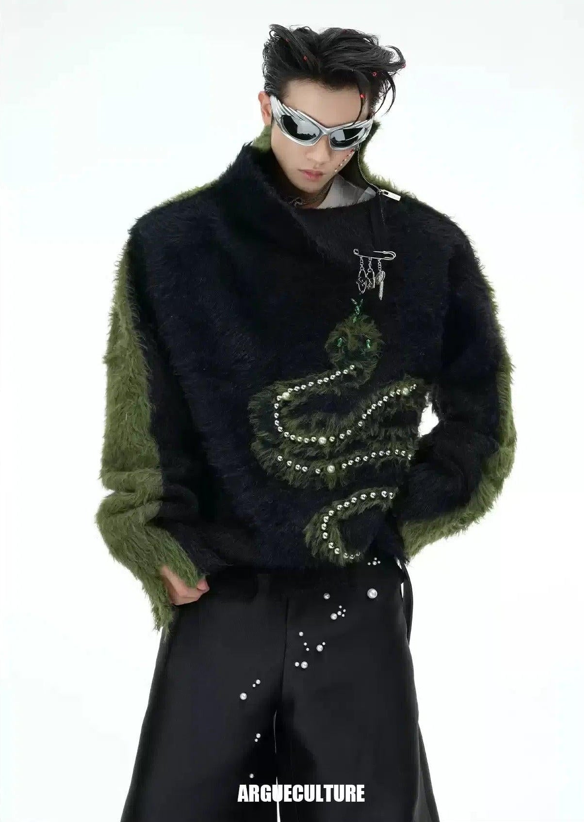 Contrast Pearl Lined Snake Fuzzy Sweater