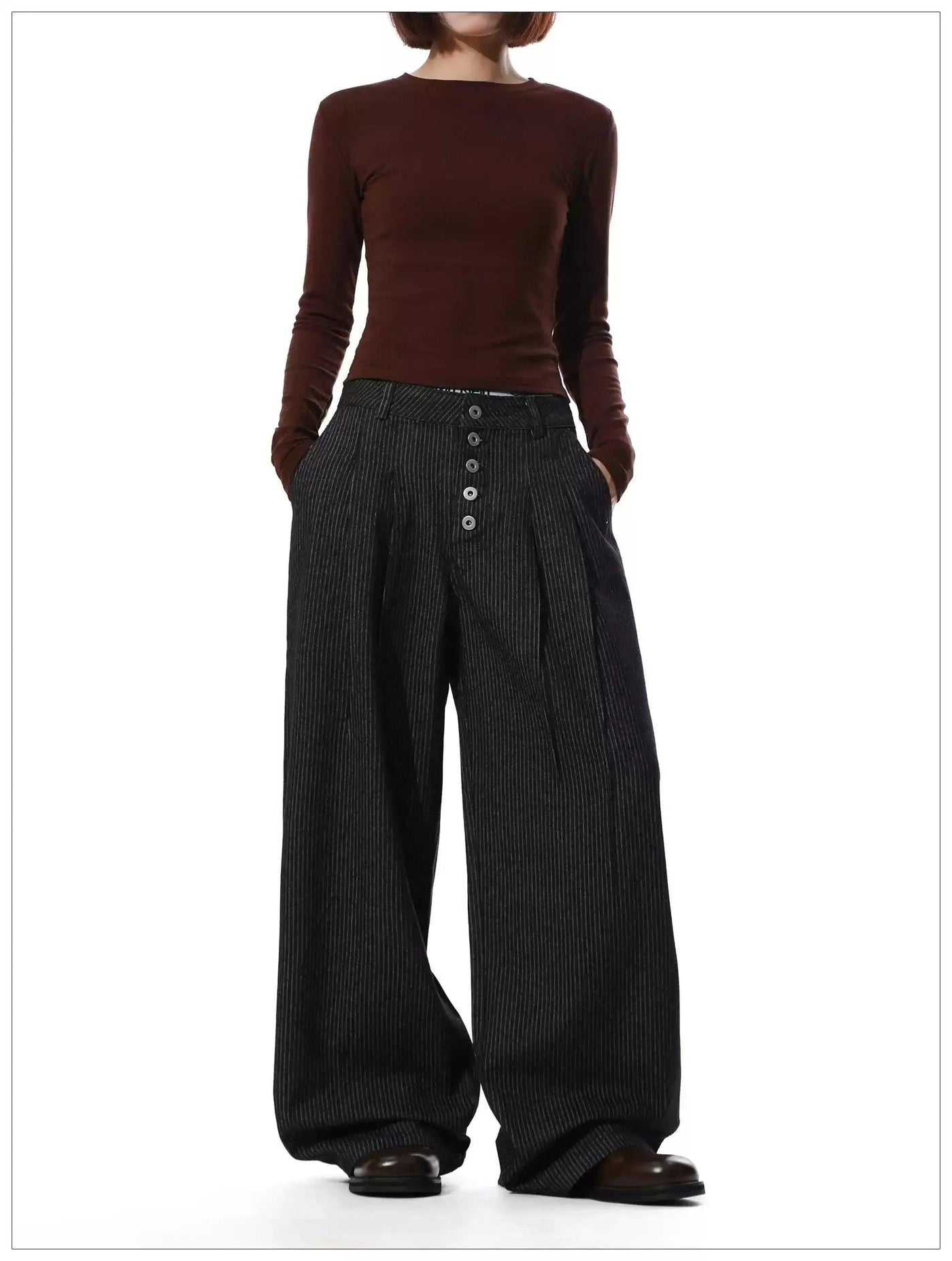 Retro Striped Button-Down Wide Leg Pants