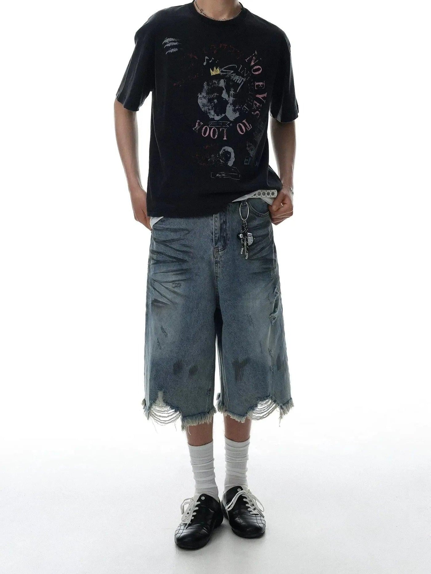Washed Distressed Raw Hem Denim Shorts