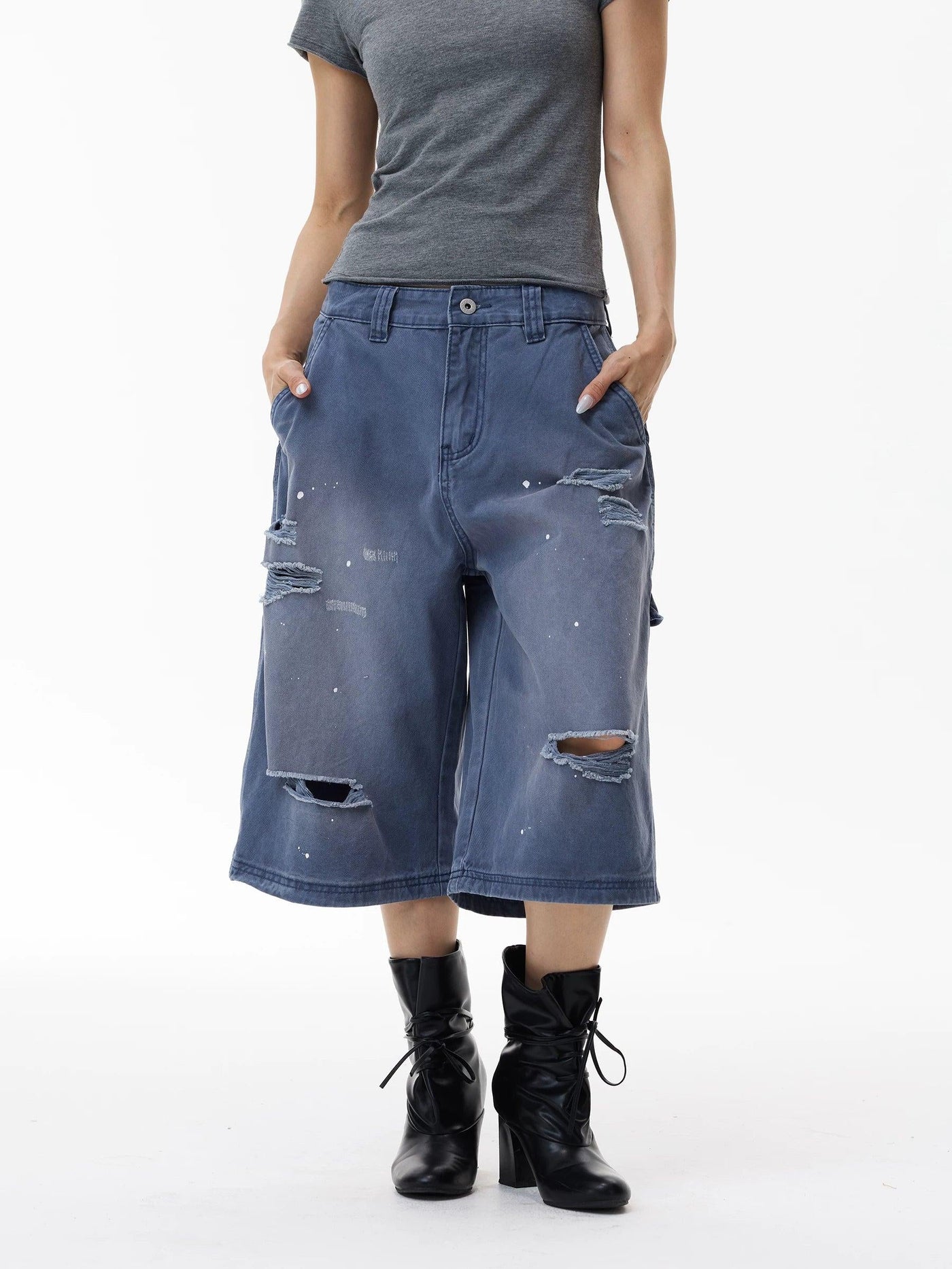 Washed Distressed Cargo Denim Shorts