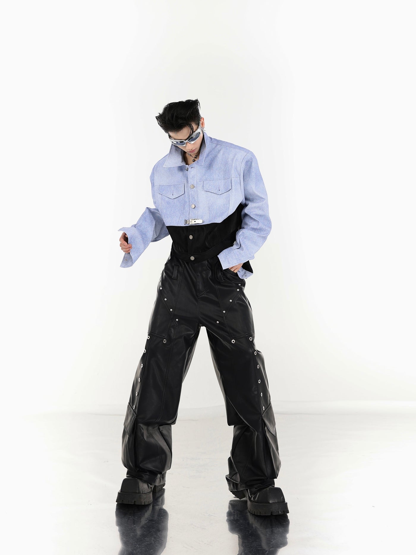 Metal Buttons Stitch Pocket Leather Pants
