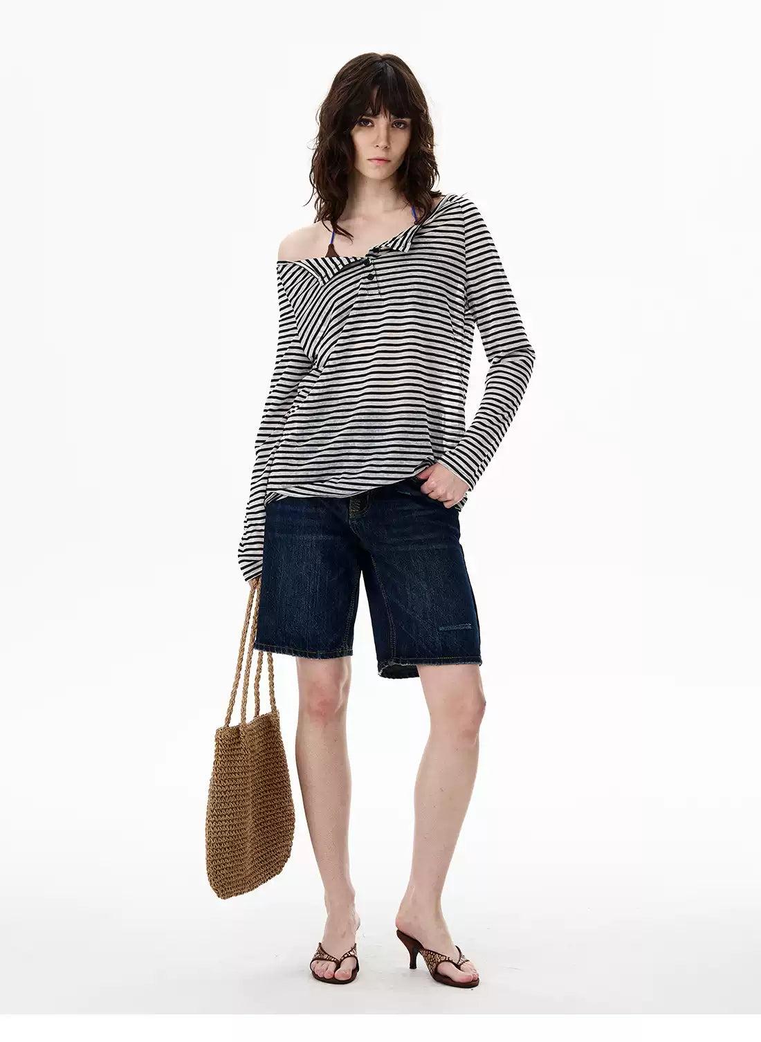 Striped Buttoned Sheer Blouse