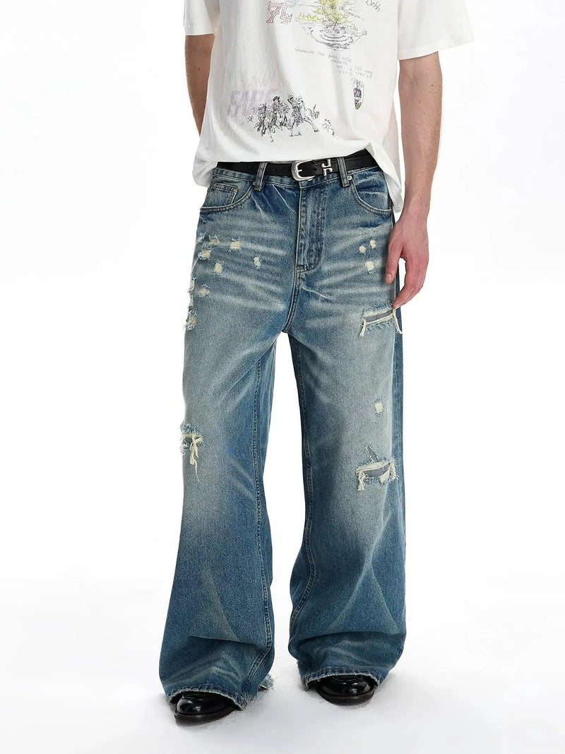 Distressed Washed Straight Jeans