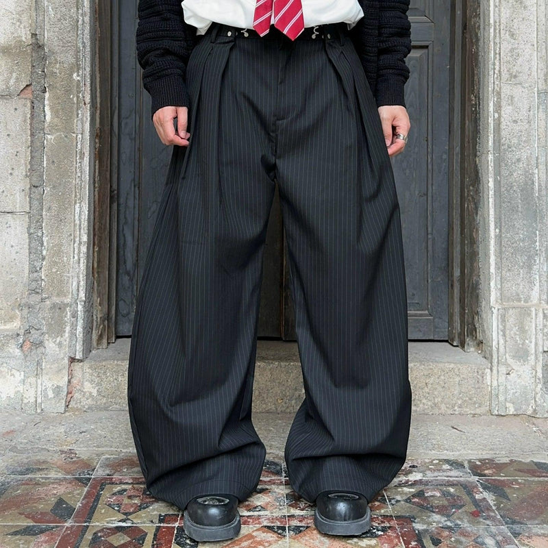 Vertical Stripes Pleated Baggy Pants