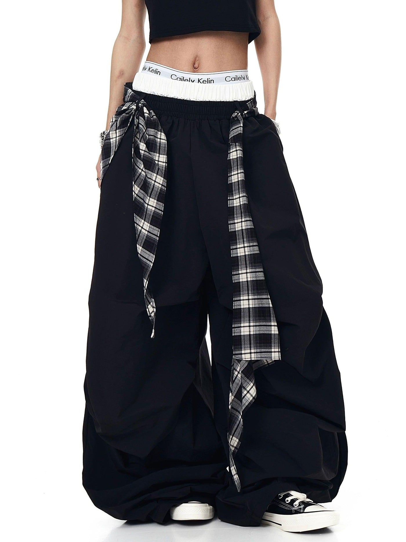 Plaid Belt Loose Track Pants