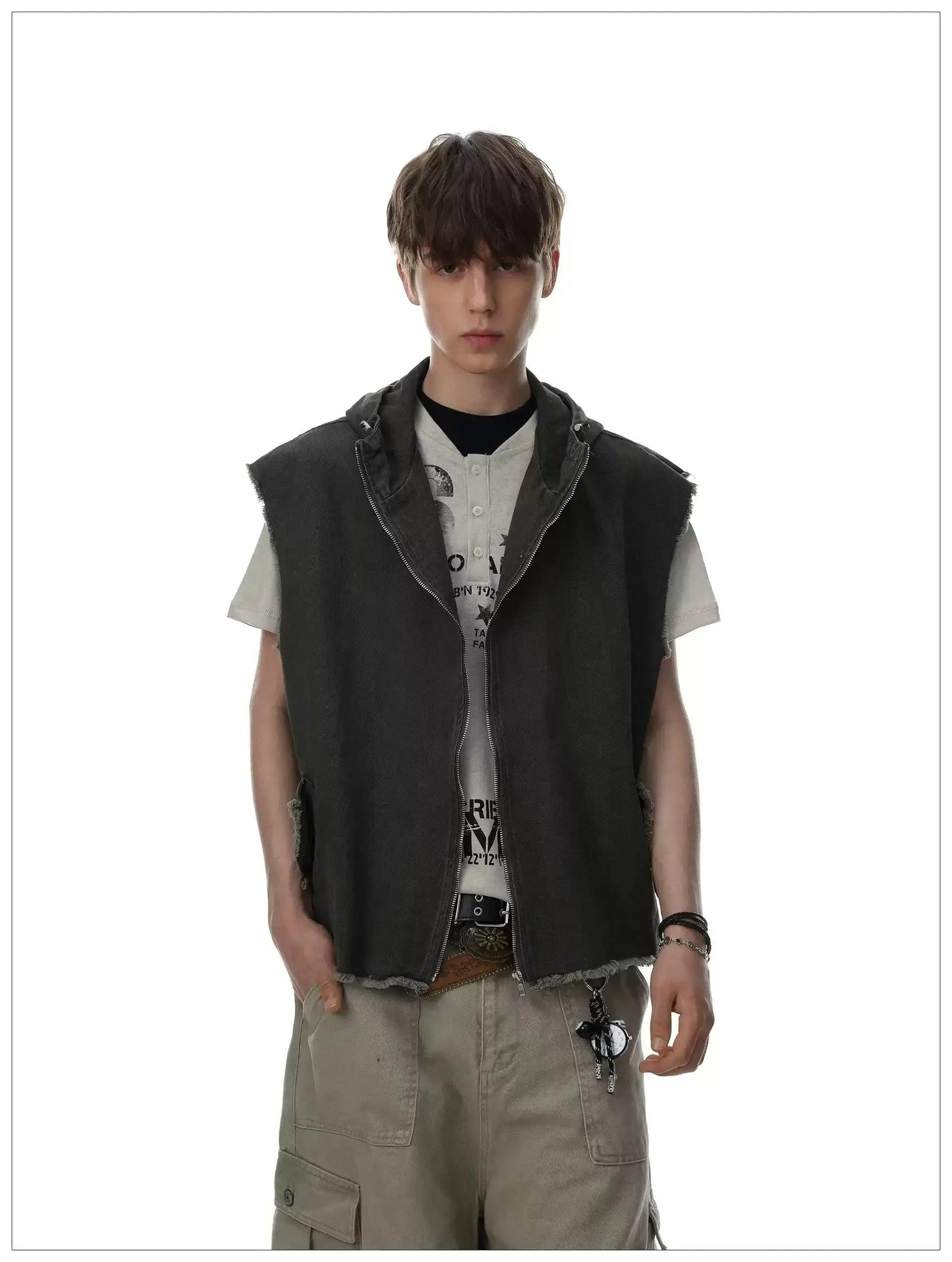 Grunged Frayed Hooded Vest