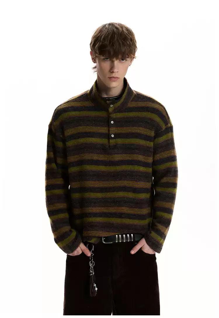 Textured Striped Half-Buttoned Mockneck