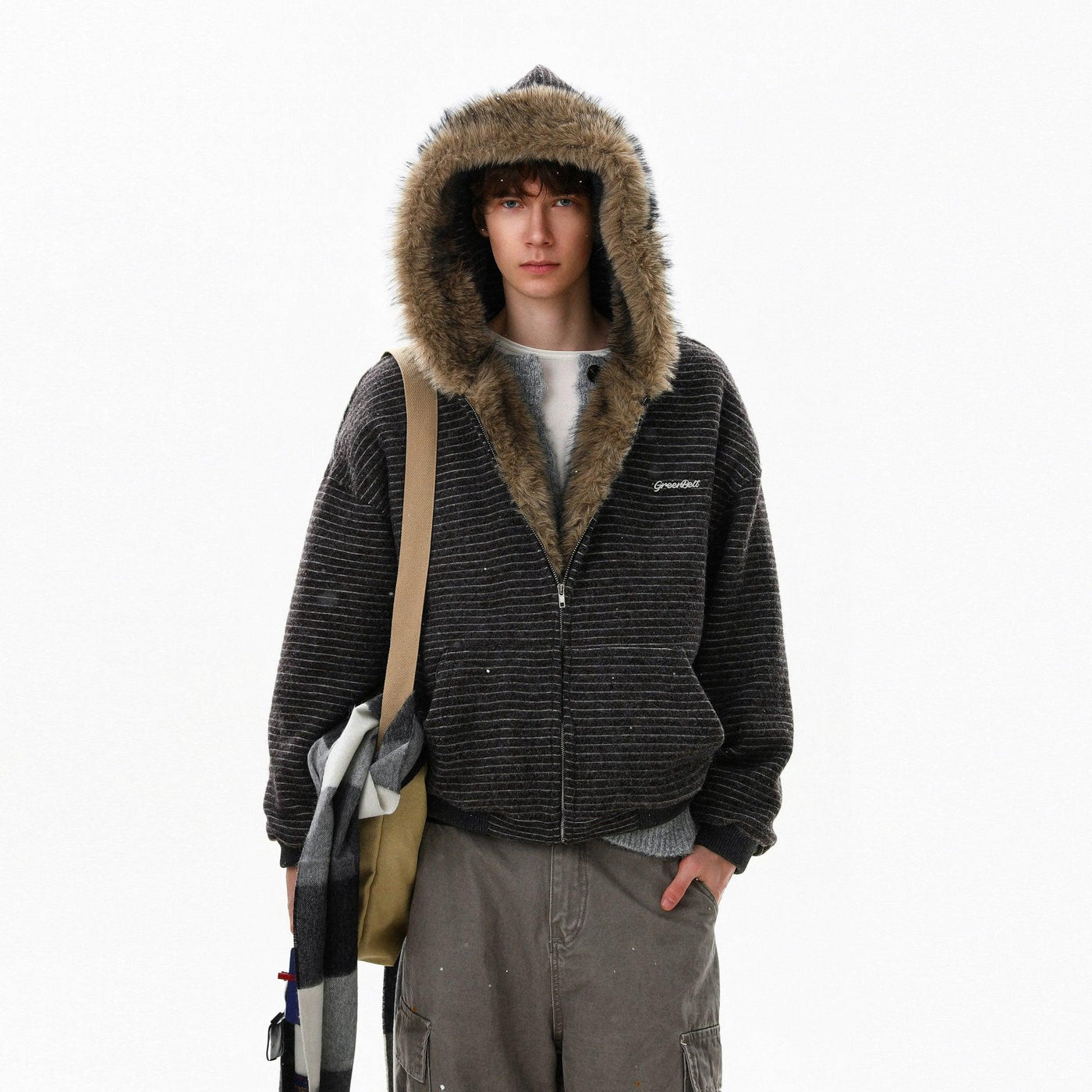Striped Faux Fur Hood Jacket