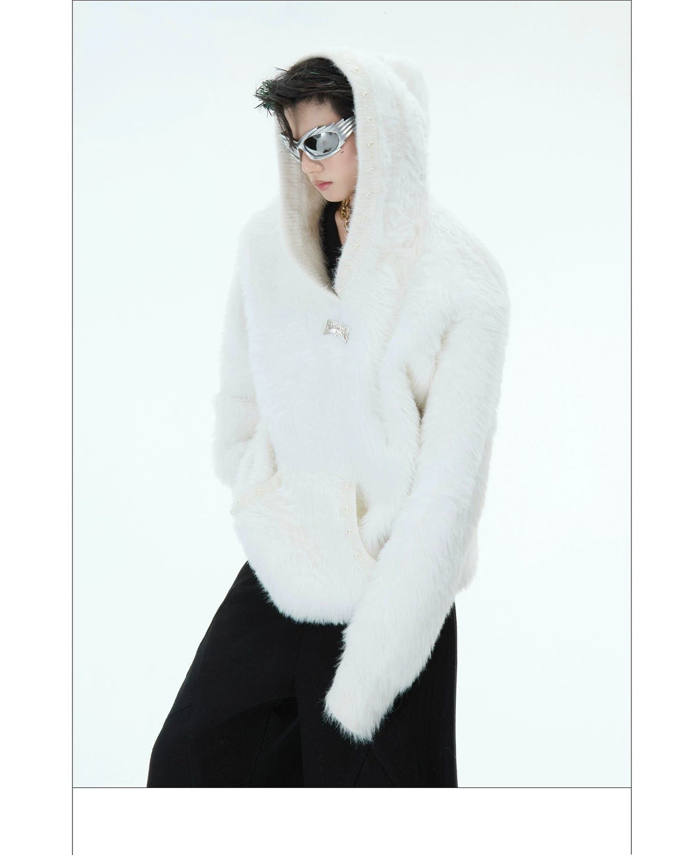 Side Pockets Hooded Faux Fur Jacket