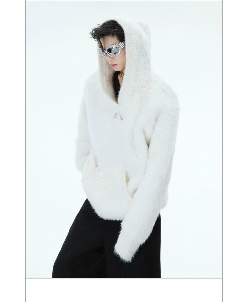 Side Pockets Hooded Faux Fur Jacket