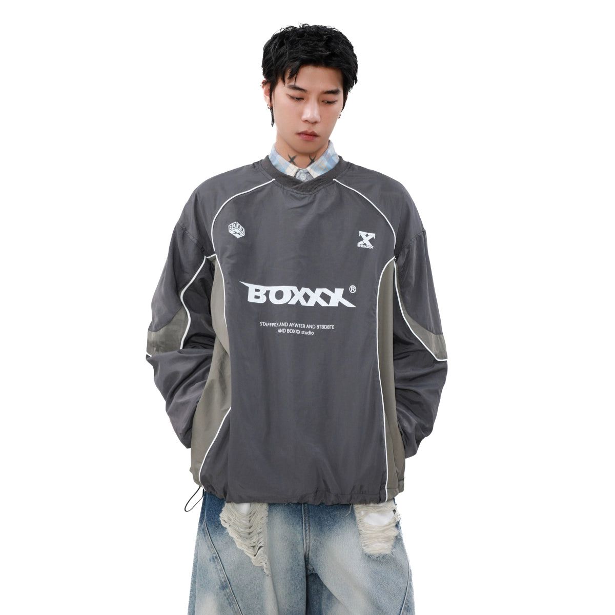 Spliced Effect Contrast Nylon Crewneck