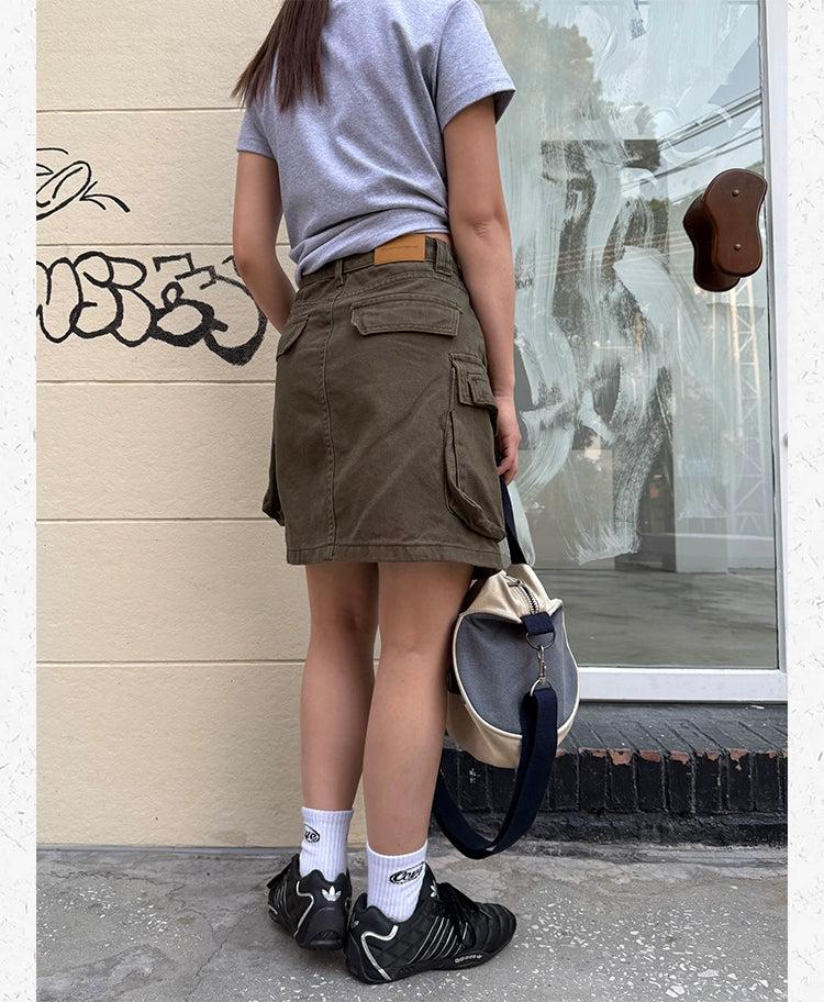 Multi-Pocket Cargo Denim Skirt