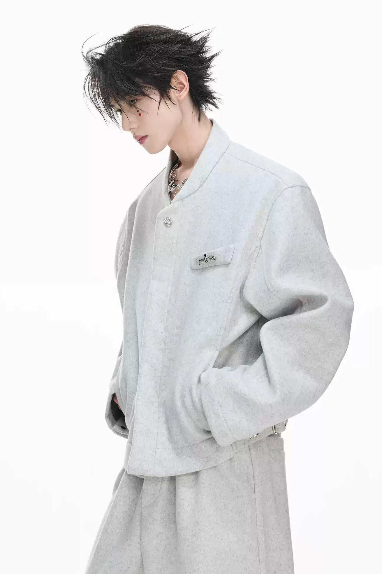 Stand Collar Strapped Jacket & Adjustable Waist Pants Set