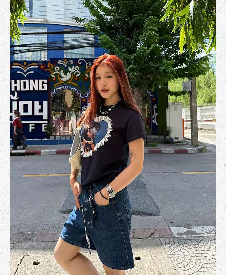 Laced Heart Dog Graphic Print T-Shirt